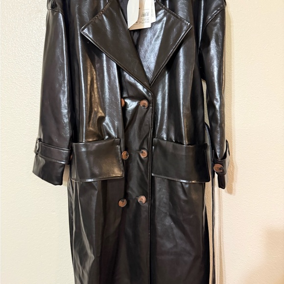 NWT Nocturne Dark Brown Black Shine Oversized Faux Leather Belted Trench Coat - Picture 9 of 9